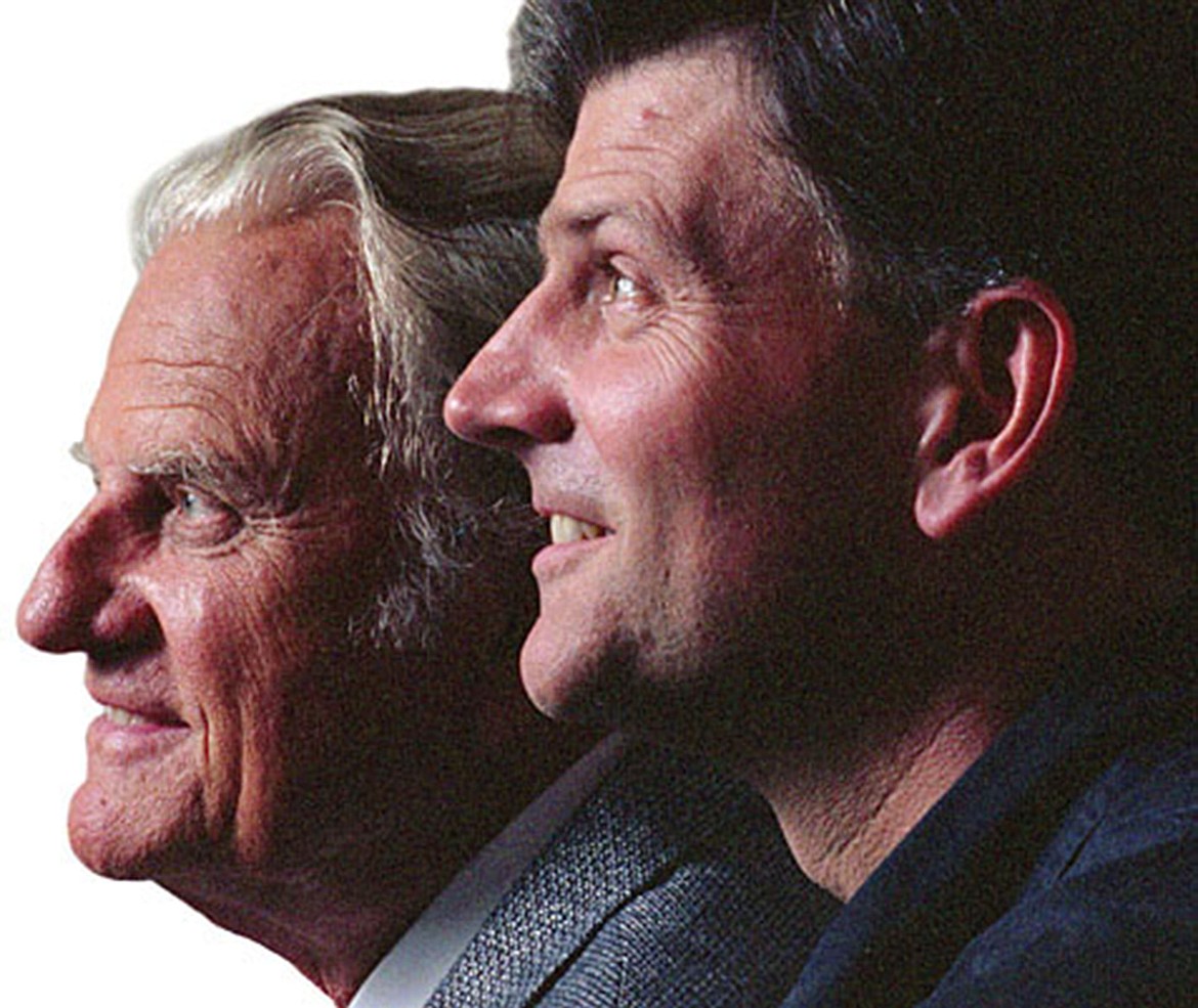 Billy Graham with his son, Franklin, before a 1994 crusade. Franklin will succeed his father. (Christopher A. Record/Charlotte Observer/TNS)