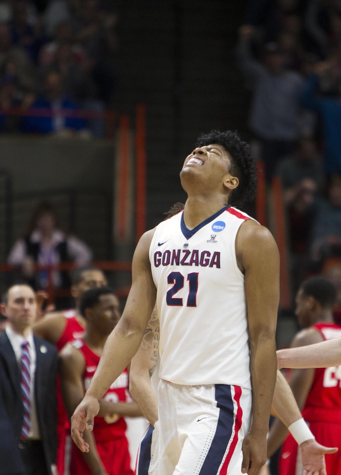 Gonzaga forward Rui Hachimura relishes the cheers after blocking a shot by Ohio State's Keita Bates-Diop during the second round of the NCAA Tournament West Regional on Saturday, March 17, 2018, at Taco Bell Arena in Boise, Idaho. Gonzaga advanced, 90-84. (Darin Oswald/Idaho Statesman/TNS)