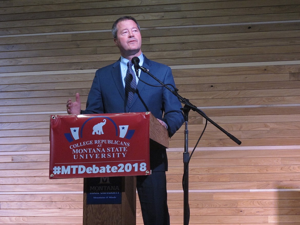 Montana Sen. Al Olszewski gives introductory remarks during a U.S. Senate debate for Republican candidates on Thursday, March 22, 2018, in Bozeman, Montana. (AP Photo/Matt Volz)