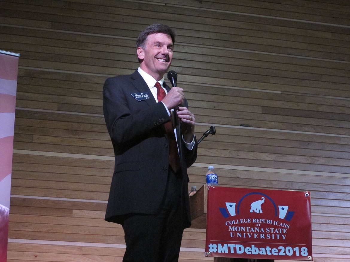 Former District Judge Russell Fagg gives introductory remarks during a U.S. Senate debate for Republican candidates on Thursday, March 22, 2018, in Bozeman, Montana. Fagg is one of four candidates competing for the GOP nomination in the June 5 primary elections and the chance to take on incumbent Democratic Sen. Jon Tester. (AP Photo/Matt Volz)