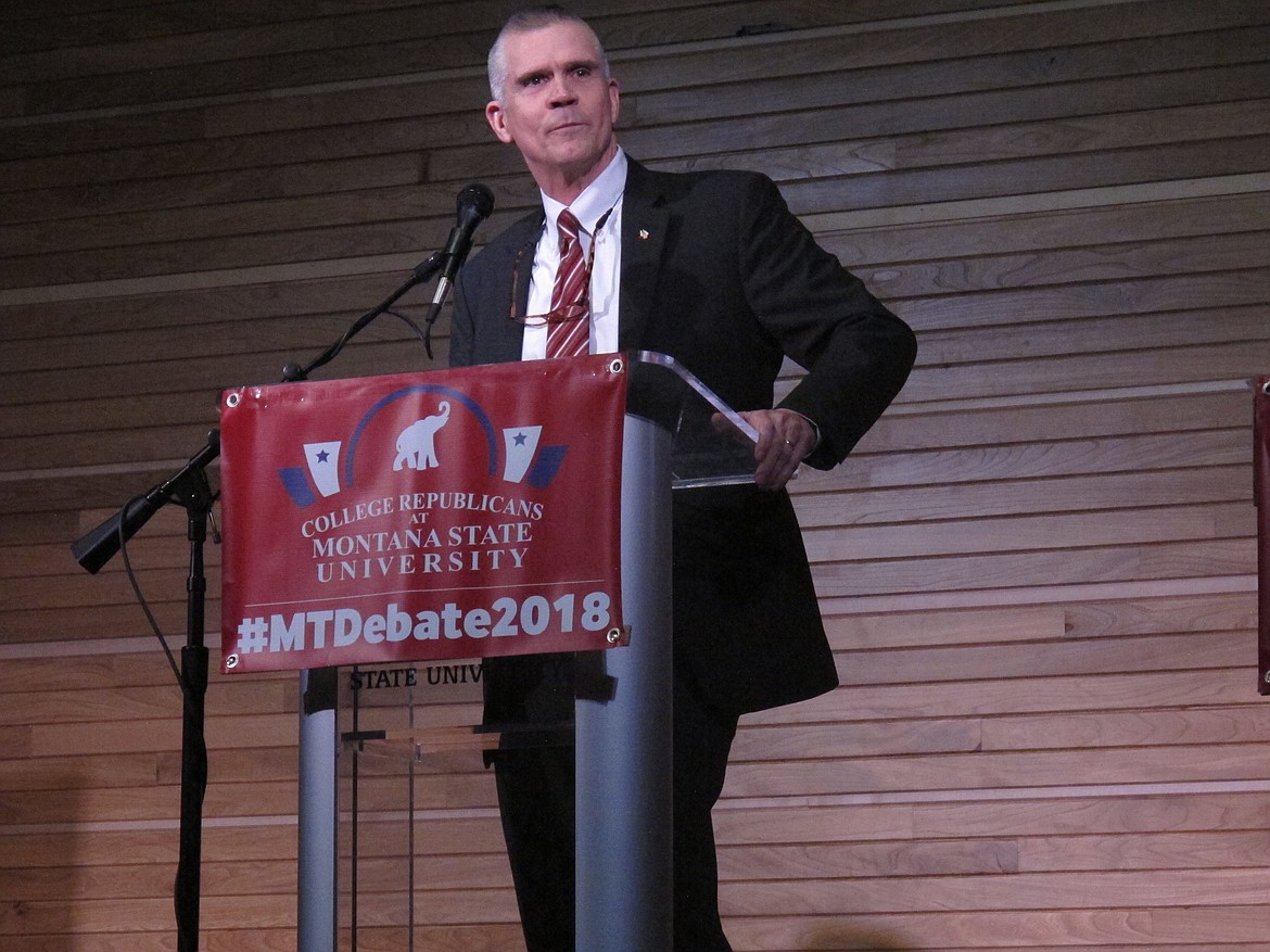 Montana State Auditor Matt Rosendale gives introductory remarks during a U.S. Senate debate for Republican candidates on Thursday, March 22, 2018, in Bozeman, Montana. Rosendale is one of four candidates competing for the GOP nomination in the June 5 primary elections and the chance to take on incumbent Democratic Sen. Jon Tester. (AP Photo/Matt Volz)