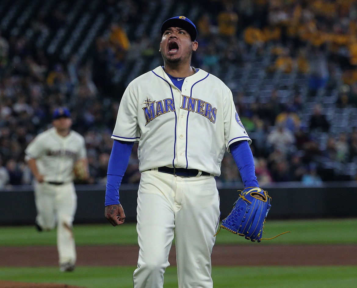 Seattle Mariners pitcher Felix Hernandez celebrates in the fifth inning after the final out to escape the inning and a bases loaded situation against the Tampa Bay Rays on Sunday, June 3, 2018, at Safeco Field in Seattle, Wash. (Ken Lambert/Seattle Times/TNS)