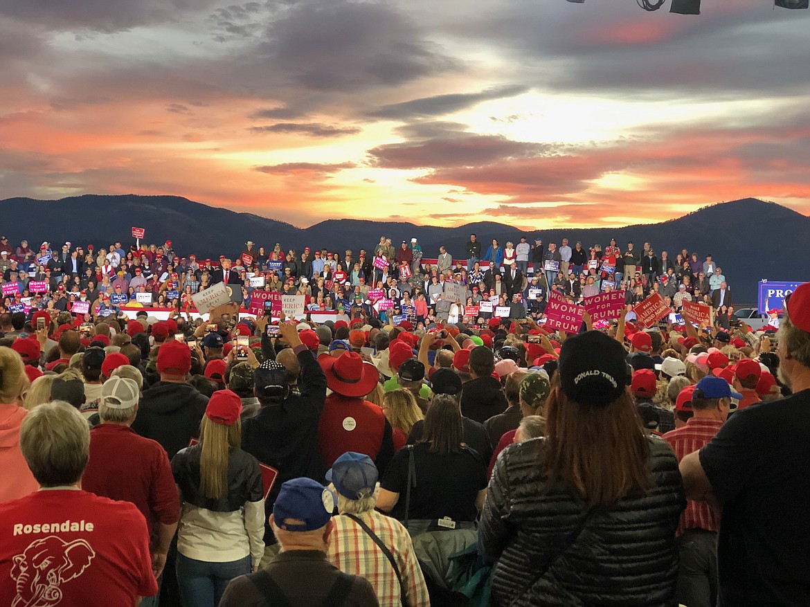 President Donald Trump speaks at a campaign rally at Minuteman Aviation Hangar, Thursday in Missoula. (Erin Jusseaume/Clark Fork Valley Press)