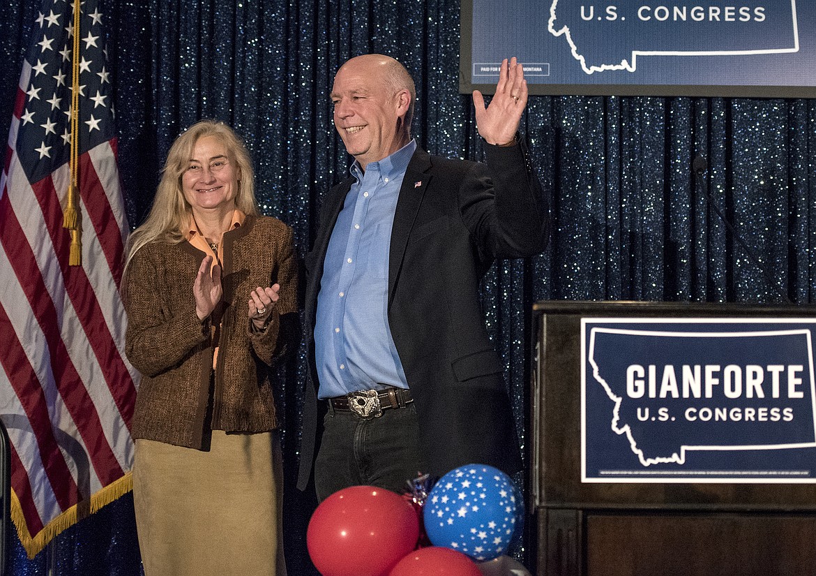 U.S. Rep. Greg Gianforte and his wife, Susan Gianforte, say goodnight to the crowd gathered at his election party at the Hilton Garden Inn Tuesday, Nov. 6, 2018, in Bozeman, Mont. Gianforte has a lead over Democratic challenger Kathleen Williams, but Montana&#146;s U.S. House race is too close to call with votes left to be counted. (Rachel Leathe/Bozeman Daily Chronicle via AP)