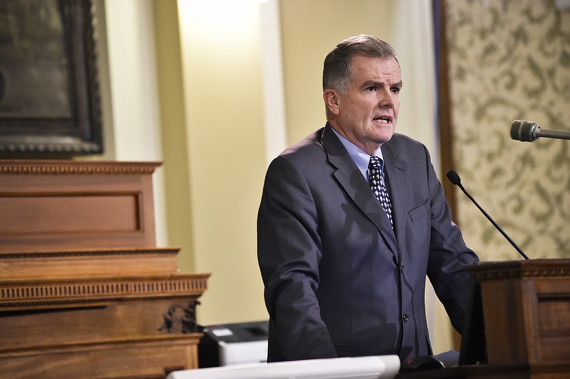Senate President Scott Sales, R-Bozeman, gives the Republican rebuttal to Gov. Steve Bullock's State of the State address in the Montana State Capitol Thursday, Jan. 31, 2019, in Helena, Mont. (Thom Bridge/Independent Record via AP)