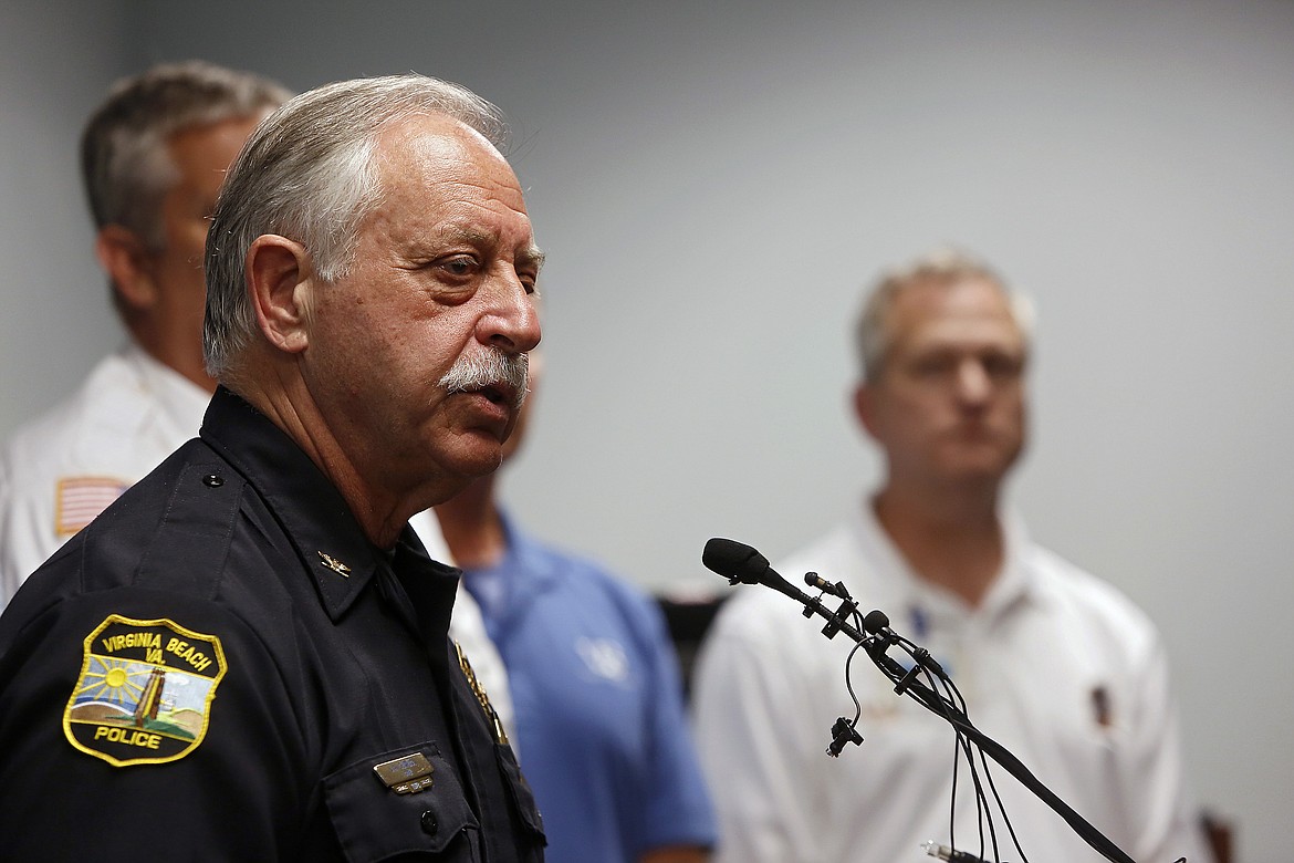 Virginia Beach Chief of Police James Cervera speaks during a press conference about a shooting that left eleven dead and six injured at the Virginia Beach Municipal Center on Friday, May 31, 2019 in Virginia Beach, Va. A longtime city employee opened fire at a municipal building in Virginia Beach on Friday, killing 11 people before police shot and killed him, authorities said. Six other people were wounded in the shooting, including a police officer whose bulletproof vest saved his life, said Virginia Beach Police Chief James Cervera. (Kaitlin McKeown/The Virginian-Pilot via AP)