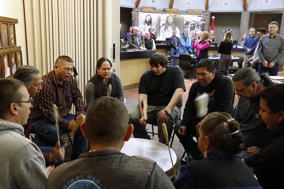 Drummers perform during a Confederated Salish and Kootenai Tribes council meeting attended by Attorney General William Barr, Friday, Nov. 22, 2019, on the Flathead Reservation in Pablo, Mont. (AP Photo/Patrick Semansky)