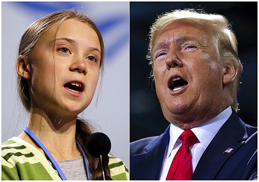This combination photo shows Swedish climate activist Greta Thunberg speaking at the COP25 summit in Madrid, Spain on Dec. 11, 2019, left, and President Donald Trump speaking at a campaign rally in Battle Creek, Mich. on Dec. 18, 2019. When climate activist Greta Thunberg, also 16, was named Time magazine's 2019 person of the year, President Donald Trump took to Twitter to call her choice &#147;ridiculous.&quot; (AP Photo/Paul White, left, and Evan Vucci)