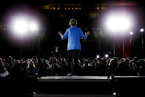 Democratic presidential candidate Sen. Elizabeth Warren, D-Mass., speaks to supporters during a town hall Thursday, Feb. 29, 2020, at Discovery Green in Houston. (AP Photo/Michael Wyke)