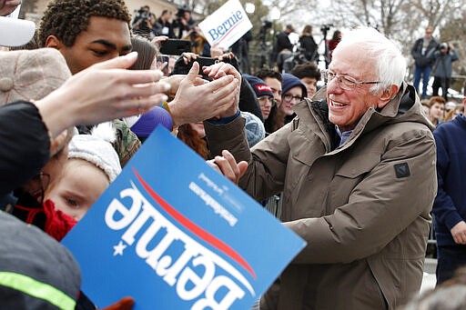 Democratic presidential candidate Sen. Bernie Sanders, I-Vt., greets supporters at a campaign rally Monday, March 2, 2020, in Salt Lake City. AP Photo/George Frey)