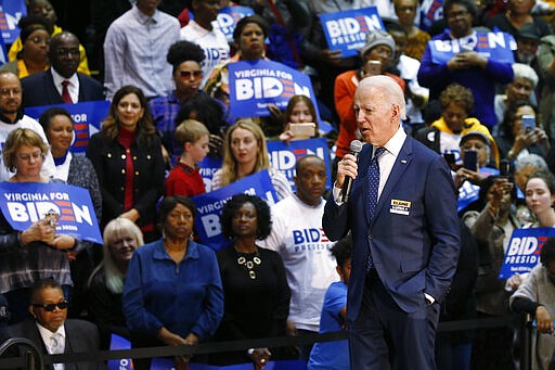 Democratic presidential candidate former Vice President Joe Biden, speaks during a campaign rally Sunday, March 1, 2020, in Norfolk, Va. (AP Photo/Steve Helber)