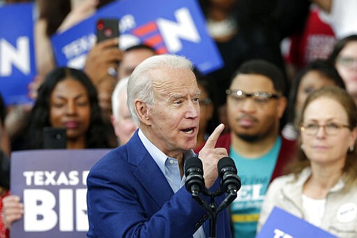 Democratic presidential candidate former Vice President Joe Biden speaks during a campaign rally Monday, March 2, 2020, at Texas Southern University in Houston. (AP Photo/Michael Wyke)