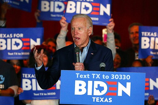 Democratic presidential candidate former Vice President Joe Biden speaks after being endorsed by Sen. Amy Klobuchar, D-Minn., at a campaign rally Monday, March 2, 2020 in Dallas. (AP Photo/Richard W. Rodriguez)