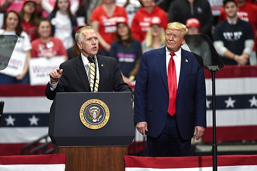 Sen. Thom Tillis, r-N.C., speaks during a campaign rally for President Donald Trump in Charlotte, N.C., Monday, March 2, 2020. (AP Photo/Mike McCarn)