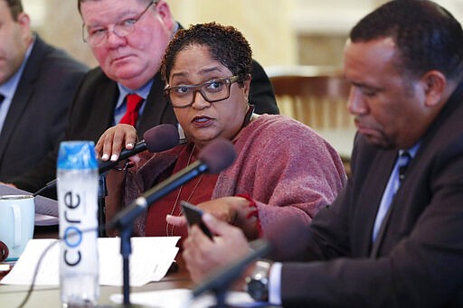 Democratic Rep. Sonya Williams-Barnes, of Gulfport, asks questions about House Bill 1295, legislation that would prohibit abortion if a woman is seeking the procedure because of the race, sex or genetic abnormality of the fetus, during a meeting of the House Judiciary B Committee, at the Capitol in Jackson, Miss., Tuesday, March 3, 2020. The only exception would be in case of a medical emergency. The lawmaker voted against the bill in committee, which passes nonetheless, and now goes to the full House for action. (AP Photo/Rogelio V. Solis)