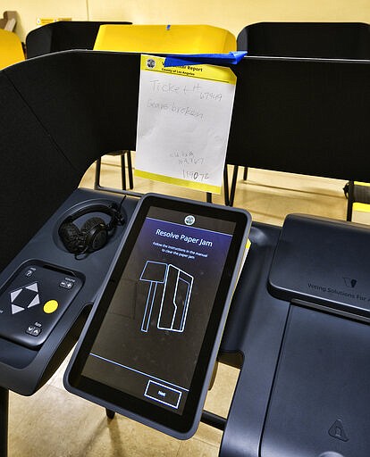 A device that say's &quot;Resolve Paper Jam&quot; sits idle with a repair ticket on it, along with several other electronic voting machines that weren't working at an early polling station at the Ranchito Avenue Elementary School in the Panorama City section of Los Angeles on Monday, March 2, 2020. Major changes to the way people vote has election advocates on edge as Californians cast ballots in the Democratic presidential contest and other primary races. (AP Photo/Richard Vogel)