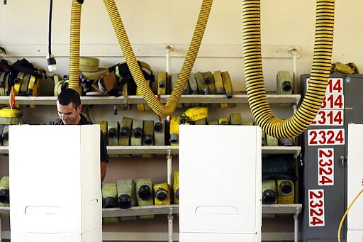 A man votes at a polling place in a fire station during primary elections Tuesday, March 3, 2020, in Encinitas, Calif. California officials bracing for long lines are urging patience as voters cast ballots on &quot;Super Tuesday&quot; in what could be record turnout for a presidential primary election. (AP Photo/Gregory Bull)