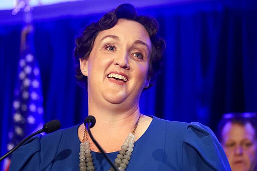 FILE - In this Nov. 6, 2018 file photo, Democratic then-congressional candidate Katie Porter speaks during an election night event in Tustin, Calif. She won the election for California's 45th district. California is one of the most heavily Democratic states in the country, but Republicans this year are determined to regain a string of U.S. House seats the party lost to Democrats two years ago. President Donald Trump, who wants the House back under GOP control and House Speaker Nancy Pelosi demoted, has said that with hard work Republicans &quot;can pick up seven seats in the state of California.&quot;(AP Photo/Chris Carlson, File)