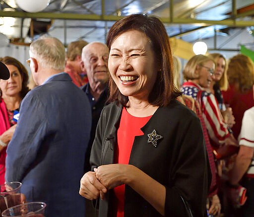 FILE - In this Tuesday, June 5, 2018 file photo, Republican Orange County Supervisor Michelle Steel smiles as she visits Rep. Dana Rohrabacher's election night party in Costa Mesa, Calif. She's challenging first-term Democratic Rep. Harley Rouda in the coastal 48th District. California is one of the most heavily Democratic states in the country, but Republicans this year are determined to regain a string of U.S. House seats the party lost to Democrats two years ago. President Donald Trump, who wants the House back under GOP control and House Speaker Nancy Pelosi demoted, has said that with hard work Republicans &quot;can pick up seven seats in the state of California.&quot; (Jeff Gritchen/The Orange County Register/SCNG via AP, File)