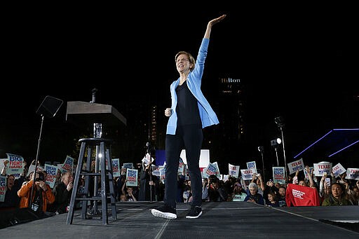 Democratic presidential candidate Sen. Elizabeth Warren, D-Mass., speaks to supporters during a town hall Thursday, Feb. 29, 2020, at Discovery Green in Houston. (AP Photo/Michael Wyke)