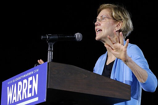 Democratic presidential candidate Sen. Elizabeth Warren, D-Mass., speaks to supporters during a town hall Thursday, Feb. 29, 2020, at Discovery Green in Houston. (AP Photo/Michael Wyke)