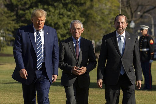 President Donald Trump with Department of Health and Human Services Secretary Alex Azar, right, and Director of the National Institute of Allergy and Infectious Diseases at the National Institutes of Health Anthony Fauci, walk on the South Lawn, Tuesday, March 3, 2020, in Washington, as they arrive at the White House from a visit to the National Institutes of Health's Vaccine Research Center in Bethesda, Md. (AP Photo/Manuel Balce Ceneta)