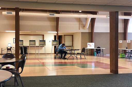 James Kelsey, 24, votes at a Lutheran church on the south side of Moorhead, Minn., on Super Tuesday, March 3, 2020. Kelsey said he voted for Bernie Sanders because he and other Sanders supporters are &quot;tired of what's going on.&quot; (AP Photo/Dave Kolpack)