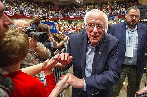 Democratic presidential candidate Sen. Bernie Sanders, I-Vt. leaves a campaign rally Monday, March 2, 2020, in St. Paul, Minn. (AP Photo/Andy Clayton-King)