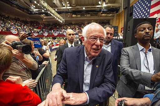 Democratic presidential candidate Sen. Bernie Sanders, I-Vt., leaves a campaign rally Monday, March 2, 2020, in St. Paul, Minn. (AP Photo/Andy Clayton-King)