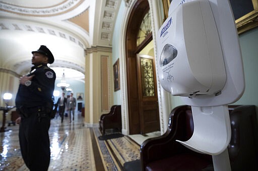 A hand sanitizer dispenser is placed just outside the floor of the U.S. Senate chamber after concerns about the coronavirus, Tuesday, March 3, 2020 in Washington. (AP Photo/Alex Brandon)