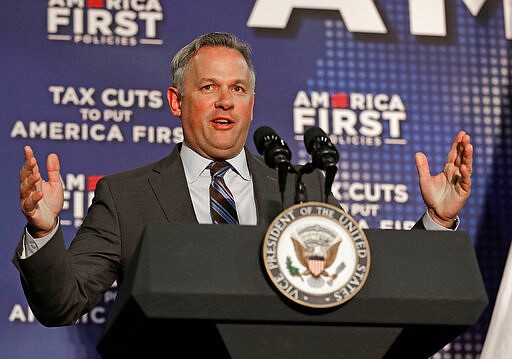 FILE - In this April 20, 2018, file photo, North Carolina Lt. Gov. Dan Forest speaks before introducing Vice President Mike Pence during a tax policy event in Charlotte, N.C. A fall clash for North Carolina governor between Democratic incumbent Roy Cooper and Forest happens only if each wins their primary on Super Tuesday. (AP Photo/Chuck Burton, File)