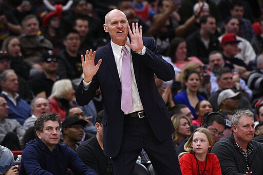 Dallas Mavericks head coach Rick Carlisle reacts during the second half of an NBA basketball game against the Chicago Bulls, Monday, March 2, 2020, in Chicago. (AP Photo/Paul Beaty)