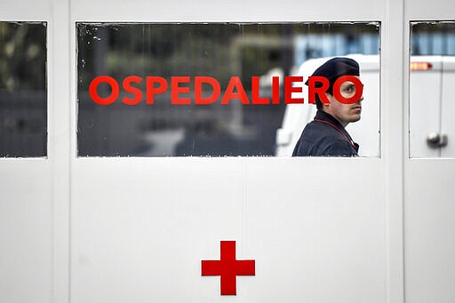 A Carabinieri (Italian paramilitary police) officer on patrol at former military hospital Baggio, which reopened a ward to hospitalize patients recovering from the COVID-19 virus, in Milan, Italy, Tuesday, March 2, 2020. The strain on Lombardy's health system has forced authorities to seek to bring doctors out of retirement, accelerate graduation dates for nursing students, and incorporate doctors and hospital beds from the private sector to ease the strain on public hospitals. (Claudio Furlan/LaPresse via AP)