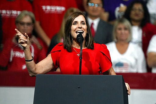 Senator Martha McSally R-Arizona speaks at a rally for President Donald Trump Wednesday, Feb. 19, 2020 in Phoenix. (AP Photo/Rick Scuteri)