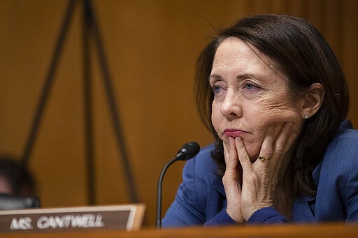 Sen. Maria Cantwell, D-Wash., questions Treasury Secretary Steve Mnuchin as he testifies during a hearing of the Senate Finance Committee hearing on &quot;The President's Fiscal Year 2021 Budget,&quot; on Capitol Hill, Wednesday, Feb. 12, 2020, in Washington. (AP Photo/Alex Brandon)