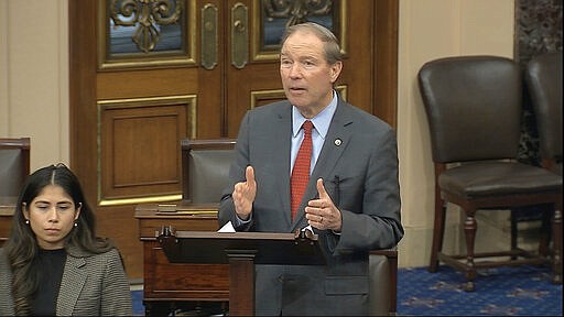 In this image from video, Sen. Tom Udall, D-N.M., speaks on the Senate floor about the impeachment trial against President Donald Trump at the U.S. Capitol in Washington, Monday, Feb. 3, 2020. The Senate will vote on the Articles of Impeachment on Wednesday afternoon. (Senate Television via AP)
