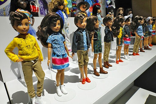 Creatable World dolls, by Mattel, are displayed at Toy Fair New York, in the Javits Convention Center, Monday, Feb. 24, 2020. From Baby Yoda to eco-friendly stacking rings, toymakers displayed an array of goods that they hope will be on kids' wish lists for the holiday 2020 season. The four-day Toy Fair comes as the U.S. toy industry has been whipsawed by a number of obstacles.  (AP Photo/Richard Drew)