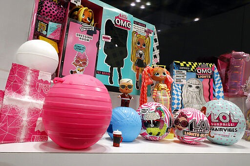 Eco-friendly L.O.L. Surprise! items, from MGA Entertainment, are displayed at Toy Fair New York, in the Javits Convention Center, Monday, Feb. 24, 2020.  From Baby Yoda to eco-friendly stacking rings, toymakers displayed an array of goods that they hope will be on kids' wish lists for the holiday 2020 season. The four-day Toy Fair comes as the U.S. toy industry has been whipsawed by a number of obstacles.   (AP Photo/Richard Drew)