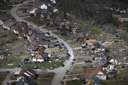 This Tuesday, March 3, 2020 aerial photo shows the Hermitage neighborhood after a tornado ripped through Nashville, Tenn. (George Walker IV/The Tennessean via AP)