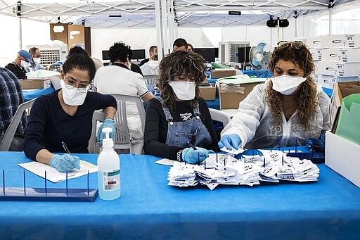 Electoral officials count ballots cast by Israelis under home quarantine after returning from Coronavirus infected zones in the city of Shoham, Israel, Wednesday, March 4, 2020. (AP Photo/Tsafrir Abayov)