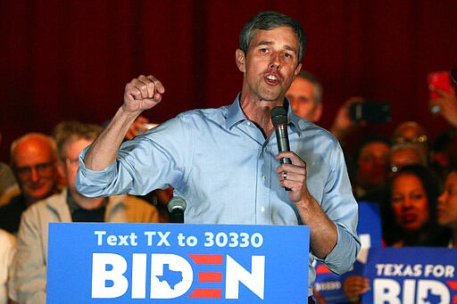 For Texas Rep. Beto O'Rourke endorses Democratic presidential candidate former Vice President Joe Biden at a campaign rally Monday, March 2, 2020 in Dallas. (AP Photo/Richard W. Rodriguez)