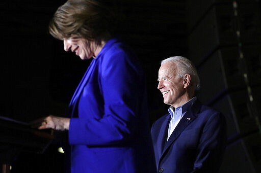 Sen. Amy Klobuchar, D-Minn., endorses Democratic presidential candidate former Vice President Joe Biden at a campaign rally Monday, March 2, 2020 in Dallas. (AP Photo/Eric Gay)