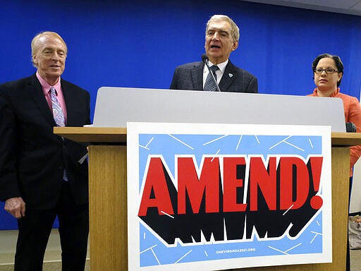 FILE - In this Feb. 12, 2020, file photo, senators, from left, George Barker, D-Fairfax, Emmett Hanger, R-Augusta and Jennifer McClellan, D-Richmond, address a news conference by One Virginia 2021, dealing with redistricting, inside the Pocahontas Building in Richmond, Va. With the U.S. census approaching, some state lawmakers are attempting to alter voter-approved measures that were intended to reduce partisan gamesmanship when drawing new districts for the U.S. House and state legislatures. (Bob Brown/Richmond Times-Dispatch via AP, File)