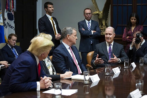 Southwest CEO Gary Kelly, right, speaks as President Donald Trump, from left, White House coronavirus response coordinator Dr. Deborah Birx, and American Airlines CEO Doug Parker, listen during a coronavirus briefing with Airline CEOs in the Roosevelt Room of the White House, Wednesday, March 4, 2020, in Washington. (AP Photo/Manuel Balce Ceneta)