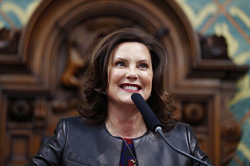 Michigan Gov. Gretchen Whitmer delivers her State of the State address to a joint session of the House and Senate, Wednesday, Jan. 29, 2020, at the Michigan State Capitol in Lansing, Mich. (AP Photo/Al Goldis)