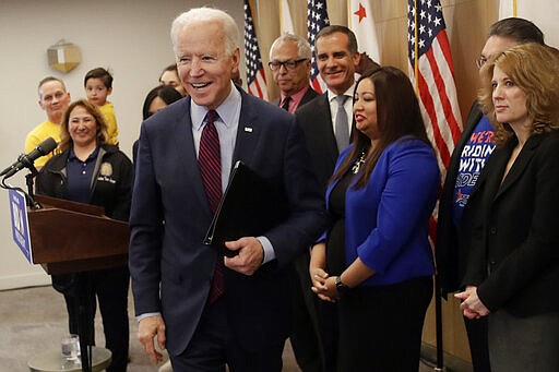 Democratic presidential candidate former Vice President Joe Biden leaves after speaking Wednesday, March 4, 2020, in Los Angeles. (AP Photo/Marcio Jose Sanchez)