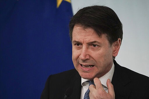 Italian Premier Giuseppe Conte speaks during a press conference on economic measures to help facing consequences of the virus outbreak, in Rome, Thursday, March 5, 2020. (AP Photo/Andrew Medichini)