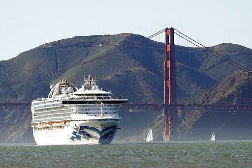 FILE - In this Feb. 11, 2020, file photo, the Grand Princess cruise ship passes the Golden Gate Bridge as it arrives from Hawaii in San Francisco. Scrambling to keep the coronavirus at bay, officials ordered the cruise ship to hold off the California coast Thursday, March 5, to await testing of those aboard, after a passenger on an earlier voyage died and at least one other became infected. (Scott Strazzante/San Francisco Chronicle via AP, File)