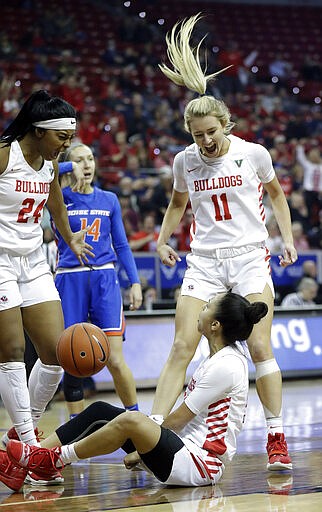 Fresno State's Wytalla Motta (24), Maddi Utti (11) and Aly Gamez react to a call during the first half of the team's NCAA college basketball game against Boise State for the Mountain West Conference women's tournament championship Wednesday, March 4, 2020, in Las Vegas. (AP Photo/Isaac Brekken)