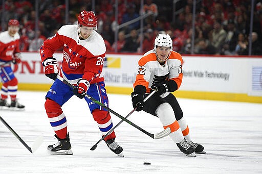 Washington Capitals center Lars Eller (20) and Philadelphia Flyers right wing Nicolas Aube-Kubel (62) vie for the puck during the second period of an NHL hockey game Wednesday, March 4, 2020, in Washington. (AP Photo/Nick Wass)